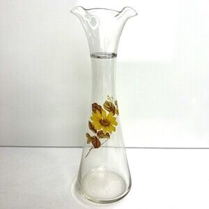 Vintage Viking Art Glass Clear With Yellow And Brown Flowers Bud Vase